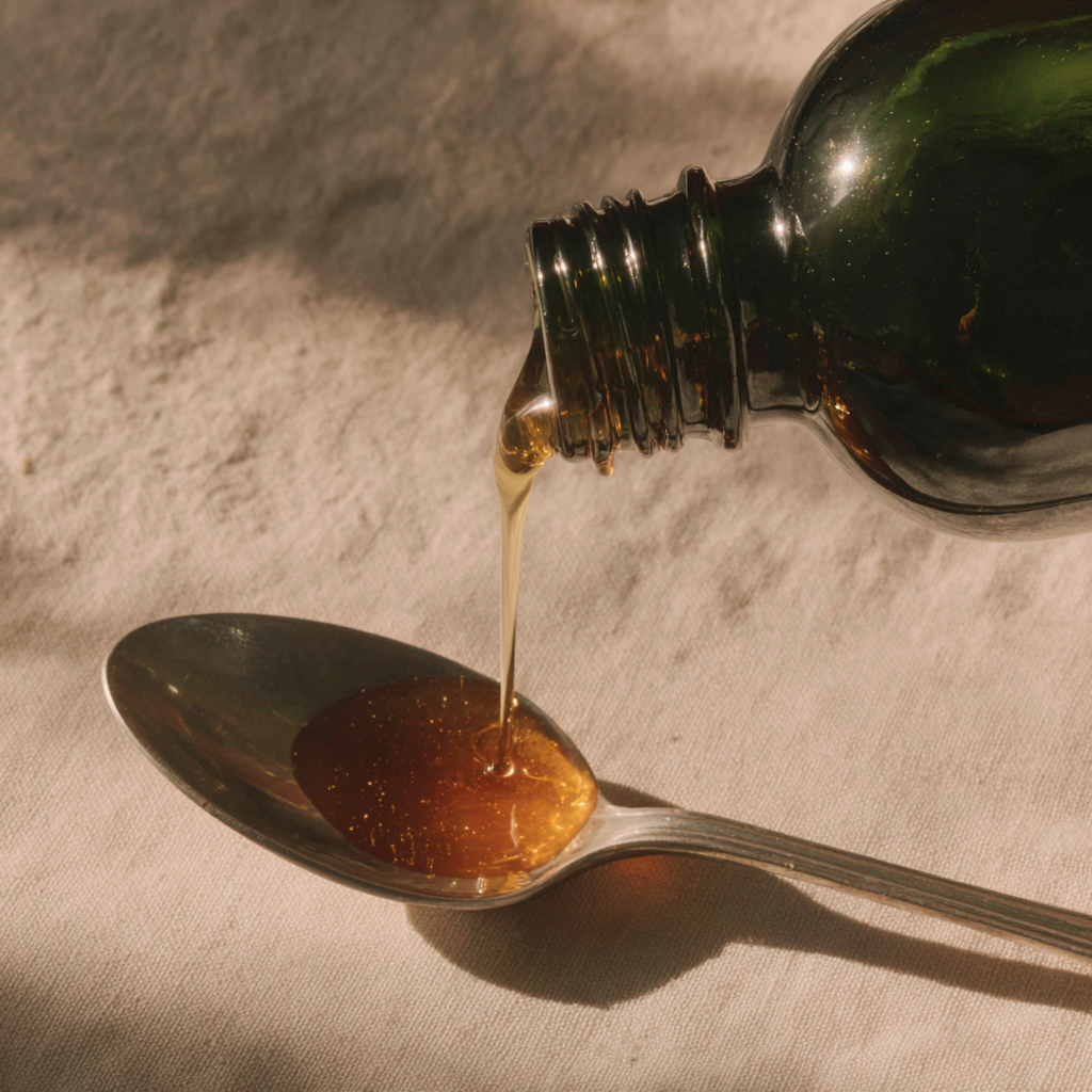 Golden culinary oil on a spoon